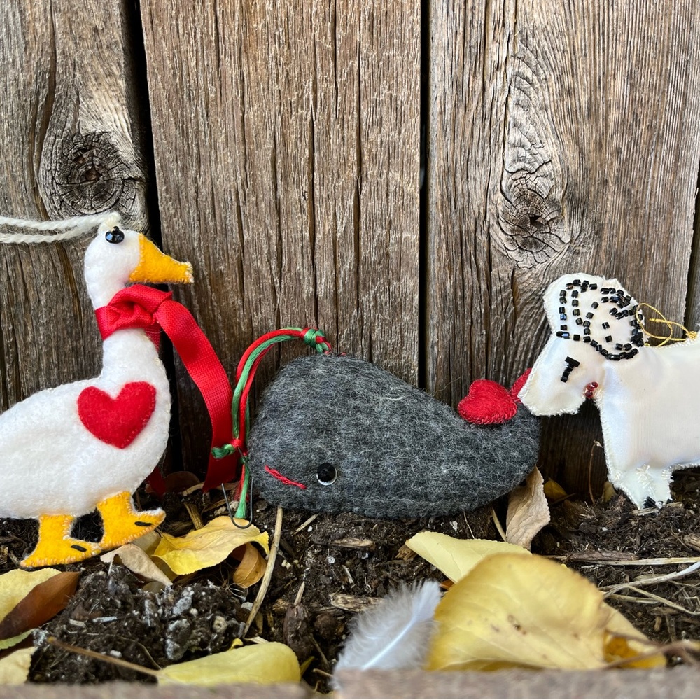Vintage Americana Christmas Ornaments Handmade Goose, Whale, and Sheep